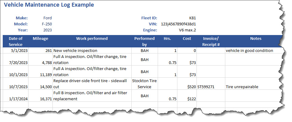 maintenance log example