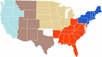 U.S. map with color-coded regions