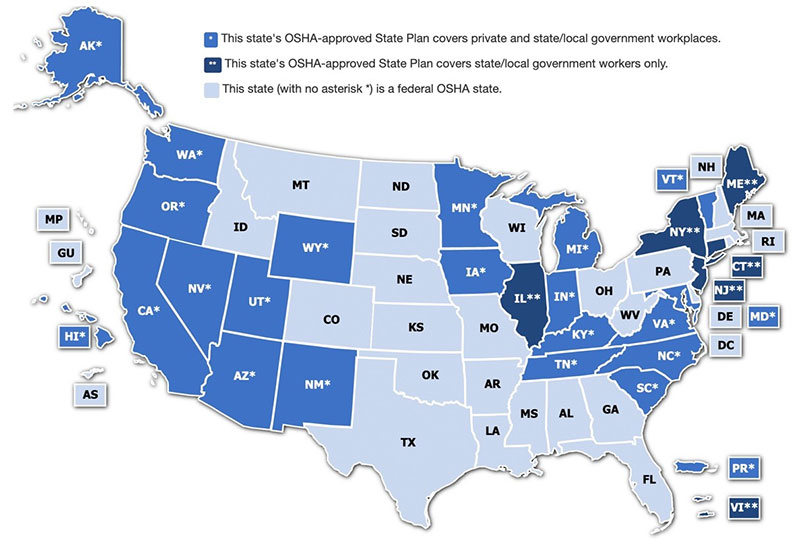 map of the United States showing OSHA's plans by state